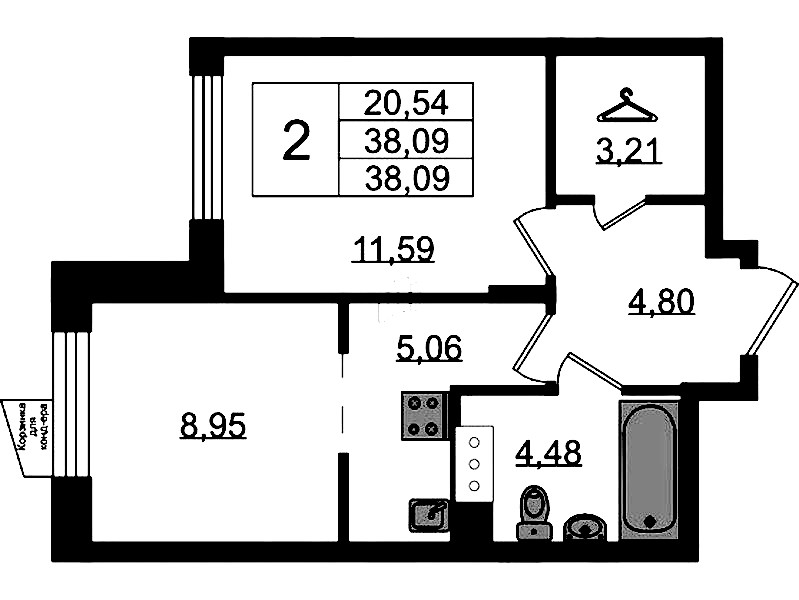 2-комнатная квартира 38.09 м², 4/11 эт., ЖК «VEREN NORT Сертолово»